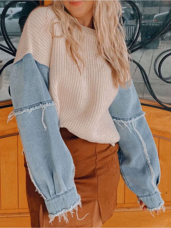 debut Tops - Debut Most Hype Knit Sweater Denim Sleeves Boho Western Oversized Boutique S/M